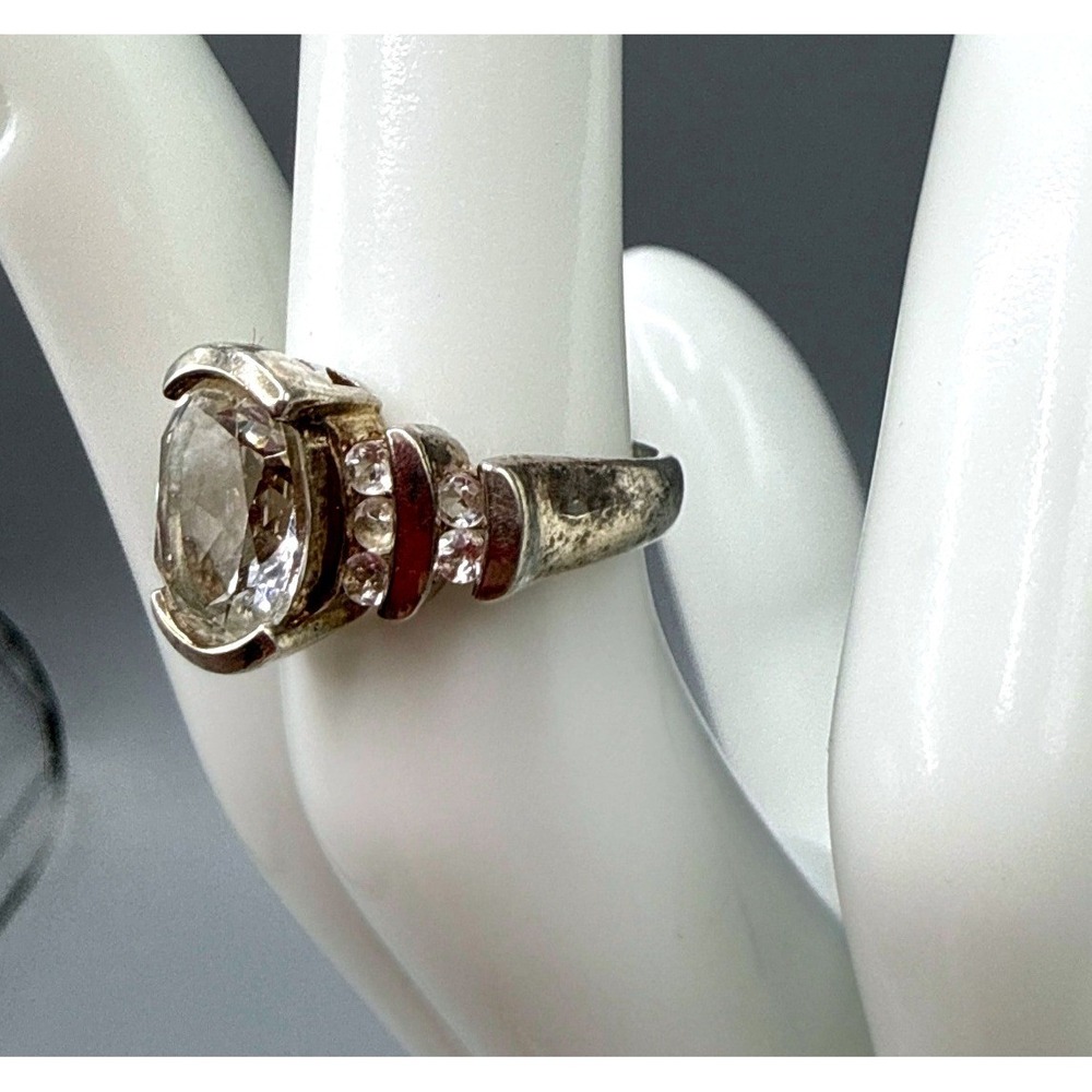 925 Sterling Silver Oval Clear Gemstone Statement Ring Size 4.5 4.19g - Picture 3 of 13